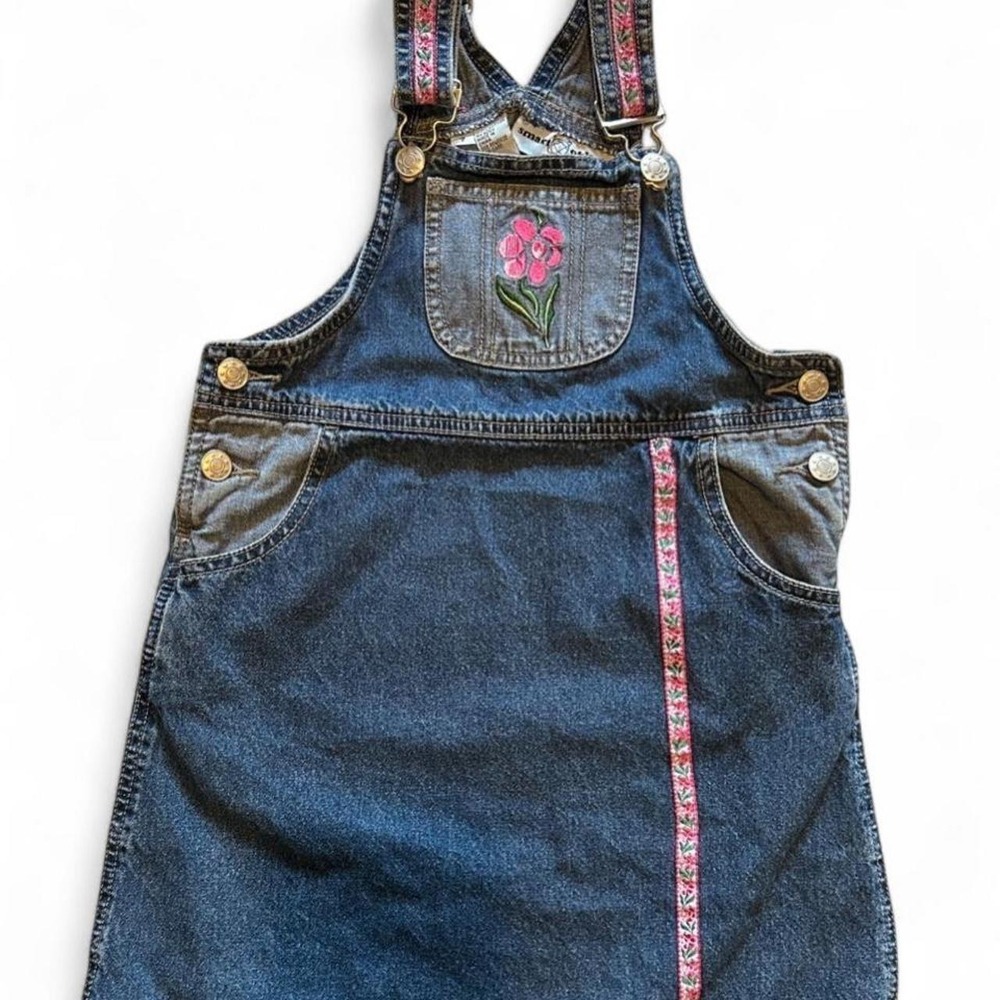 Vintage Denim Overall Dress with Floral Embroidery
